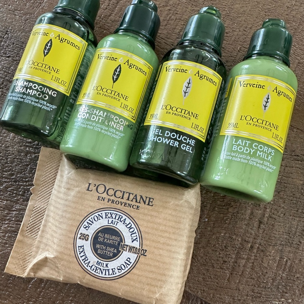 NWT L'Occitane Soap Set - travel size shampoo, conditioner, body wash, lotion